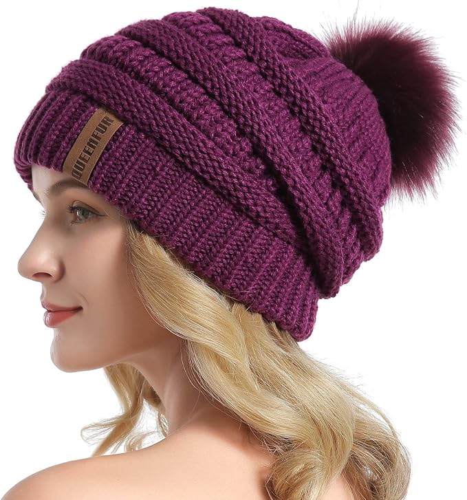 QUEENFUR Women Knit Slouchy Beanie Chunky Baggy Hat with Faux Fur Pompom Winter Soft Warm Ski Cap