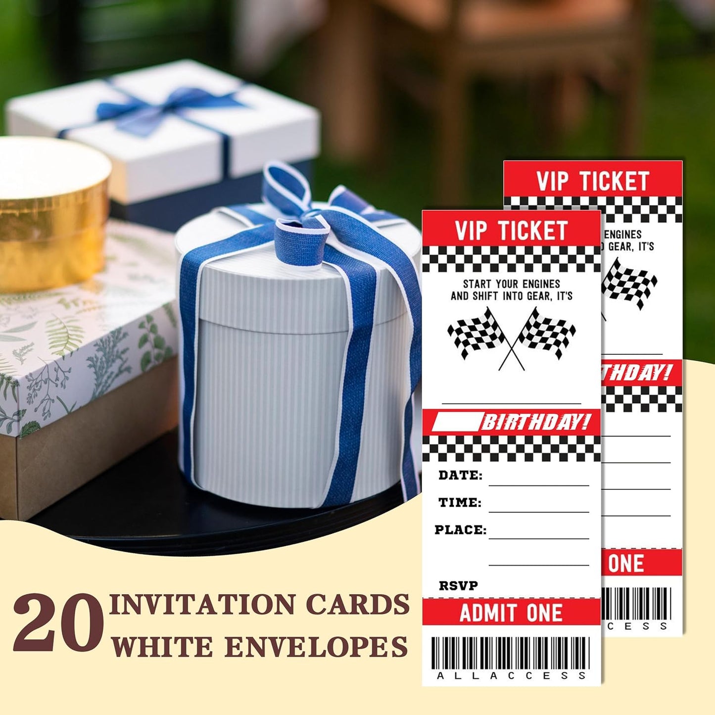 Start Your Engines Birthday Invitation with Envelopes-20 Racing Ticket Invite Cards for Racing Lovers Boys-Black and Red Birthday Cards-Party Favor & Supplies (3×8 inch)-A29