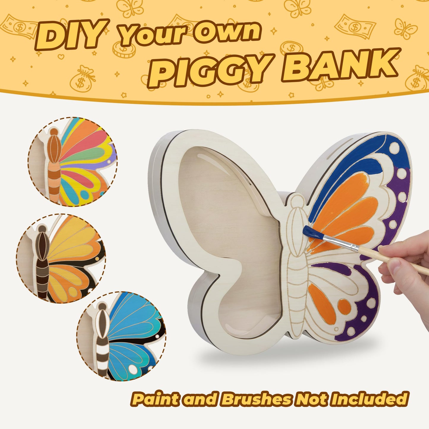 Butterfly Piggy Bank for Kids, Paint Your Own DIY Butterfly Bank with Clear Window, Wooden Savings Box for Coins and Bills, Room Decor Gift