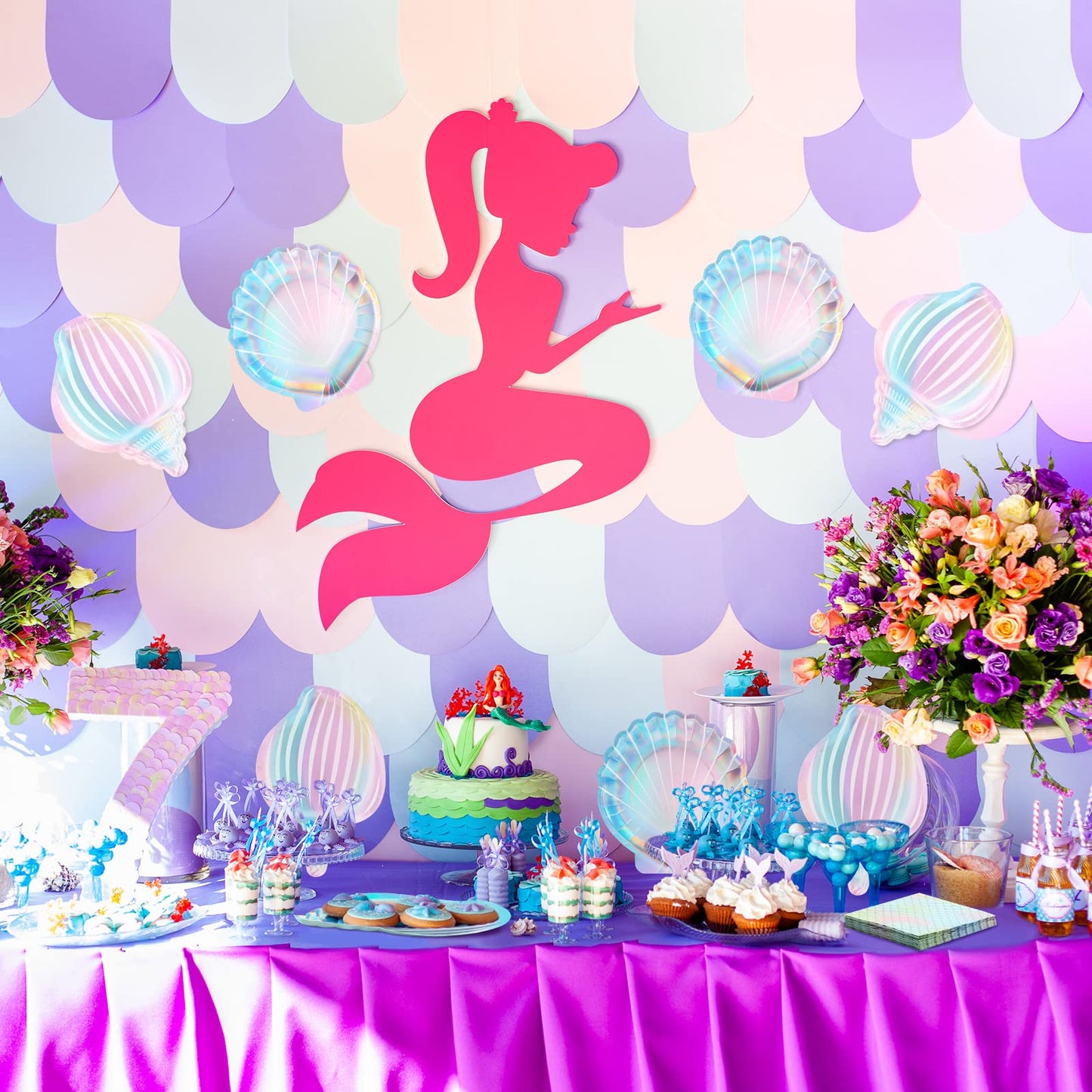 Cunhill 96 Pcs Mermaid Plates and Napkins for 24 Guests, 7 Inch 9 Inch Seashell Plates Iridescent Mermaid Party Supplies for Birthday Ocean Under The Sea Baby Shower Decoration(Stylish Style)