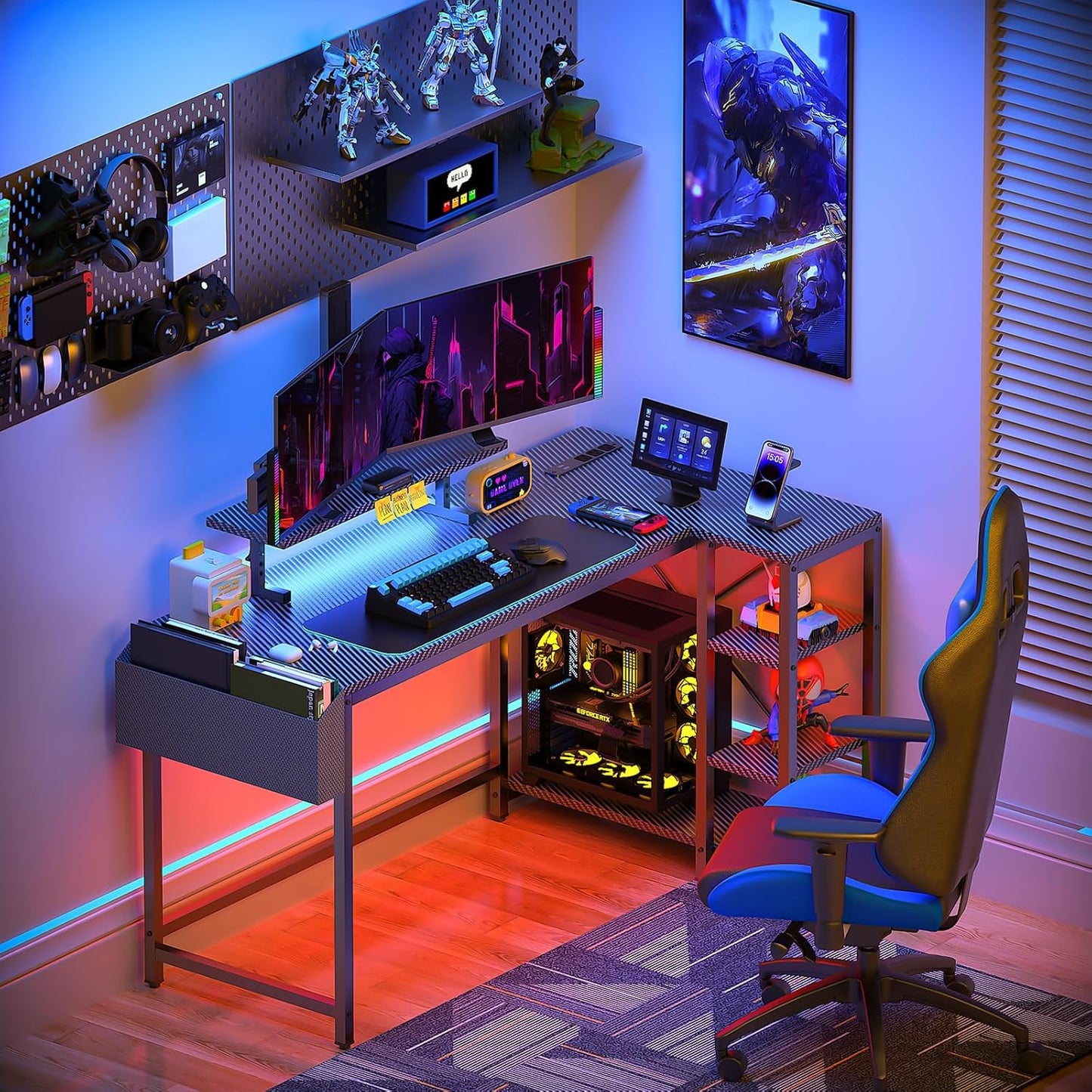 40 inch Gaming Desk with USB Power Outlet and LED Light- Reversible L Shaped Desk with Storage Bag,Computer Desk with Adjustable Monitor Stand& Storage Shelves and CPU Stand,Corner Desk Table