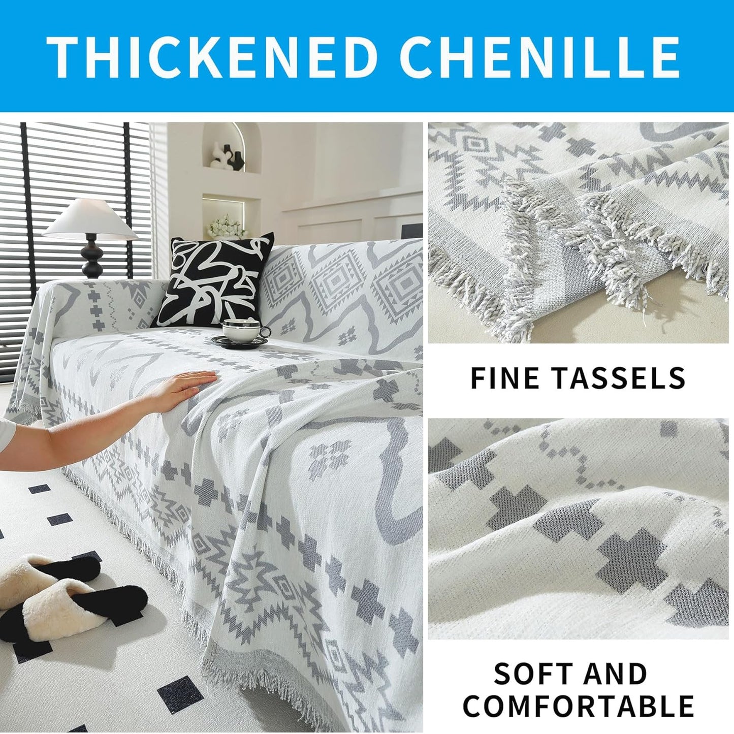 LUFEIJIASHI Boho Couch Covers for Sofa Non Slip Sofa Covers Washable Couch Covers for 3 Cushion Couch Sofa Pet Friendly Sectional Couch Cover Blanket Furniture Protector for Dogs (Grey, 71"x134")