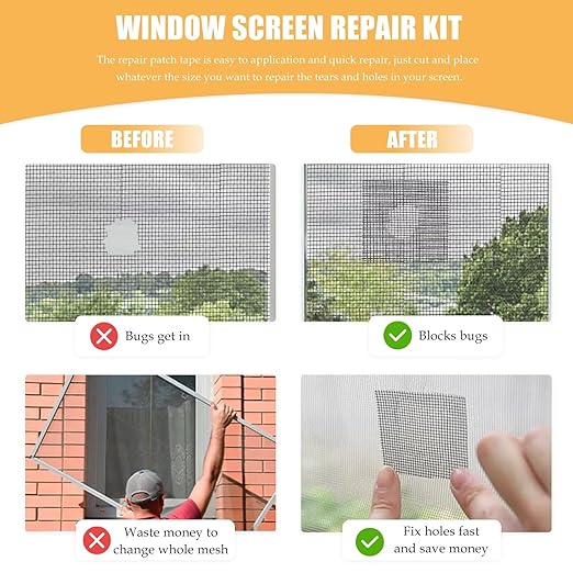 2 Pack of Black Window Screen Repair Tape, 2 in X 16.5 FT (196IN) Screen Repair Kit Fit for Windows or Doors, Strong Adhesive Fiberglass Mesh Patch Tape