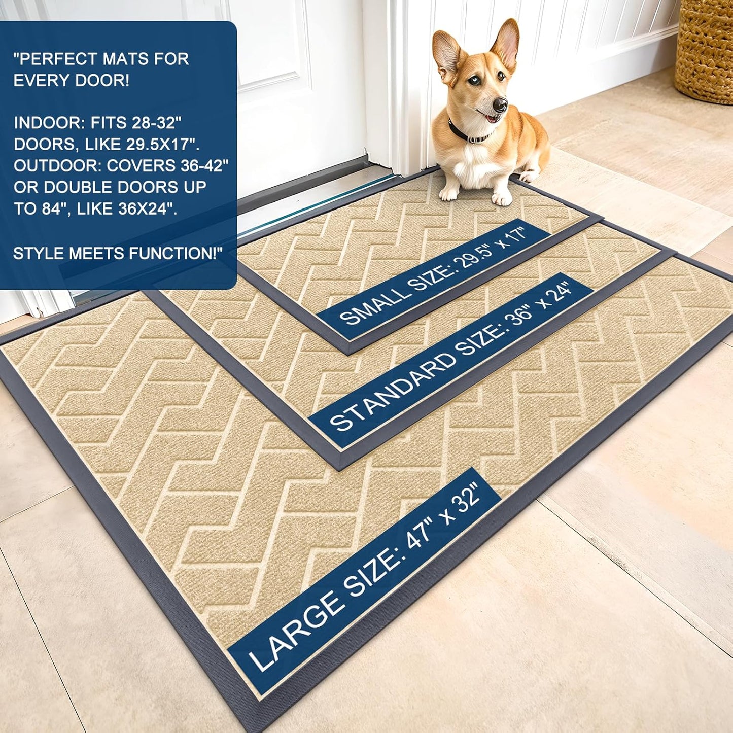 OLANLY Front Door Mat Indoor Outdoor Entrance, Waterproof All-Season, All-Weather Doormat, Sturdy Natural Rubber, Low Profile, Easy Clean Patio Porch Entryway Mat, Herringbone Brick (Beige, 71x23)