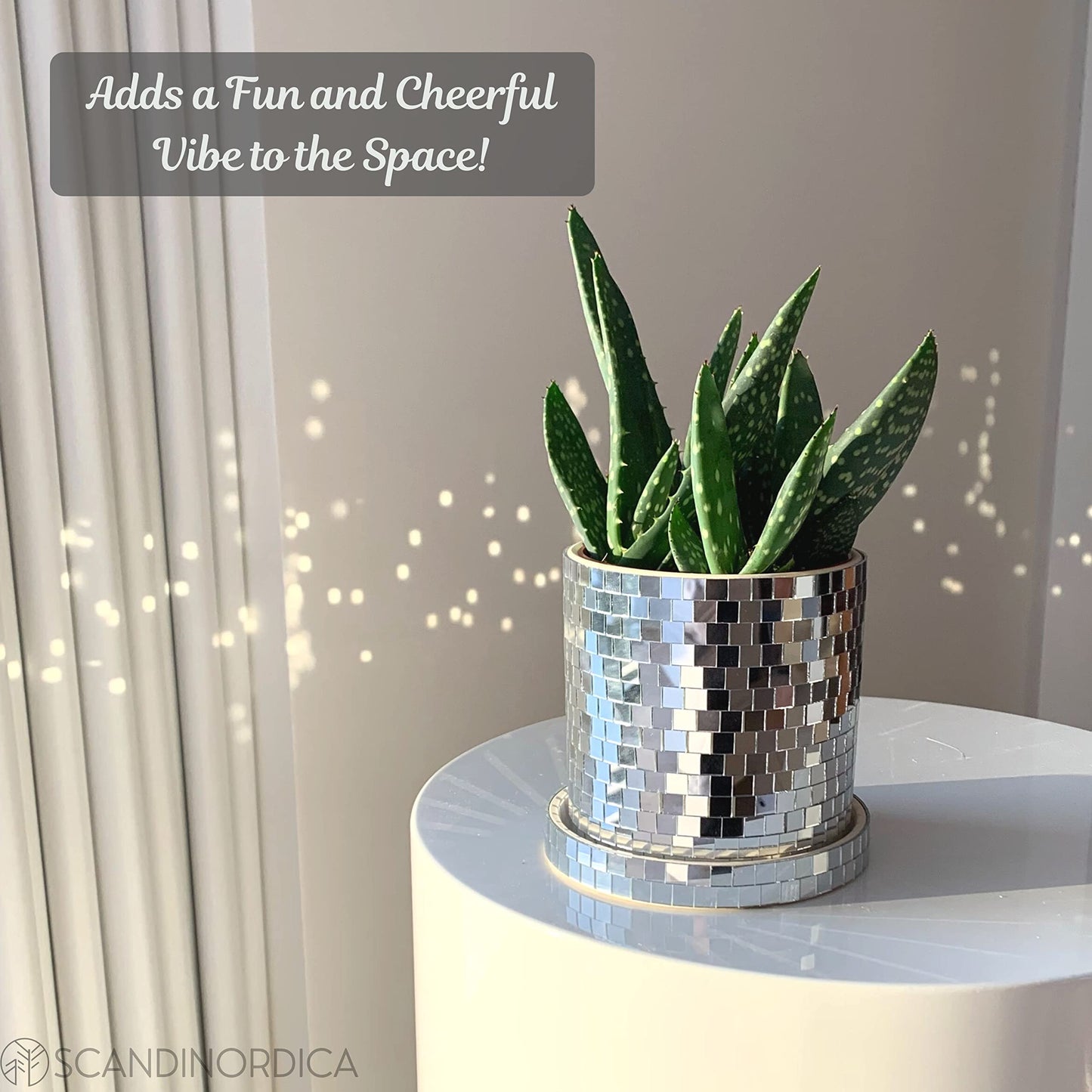 SCANDINORDICA Disco Ball Planter 8" Rose Gold with Chain and Macrame Hanger and Disco Ball Planter Pot 4.3" with Saucer (0.3x0.3 mirror tiles)