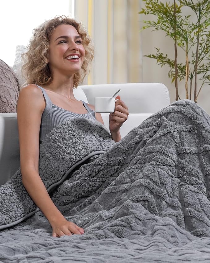 Cottonblue Jacquard Sherpa Weighted Blanket 15lbs for Twin/Full Bed - Ultra Soft, Cozy Comfort Blanket for Relaxation and Sleep, Heavy Bed Blankets with Cemaric Beads, 48x72 Inches, Grey