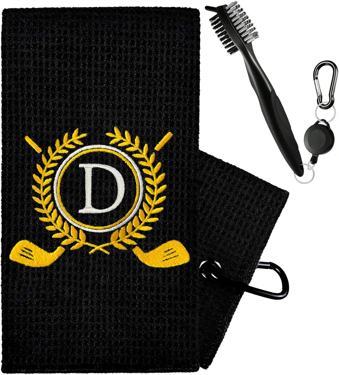 Personalized Golf Towels for Golf Bags - Microfiber Monogrammed Golf Towels for Men/Women, Retractable Brush Tool Kit with Club Groove Cleaner, Custom Golf Accessories for Golfers (Initial D)