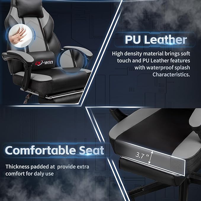 Gaming Chairs for Adults, Computer Chair with Footrest and High Back, Big and Tall Gamer Chair's with Massage Lumbar Support, 360° Swivel Height Adjustable Gaming Chair, Grey