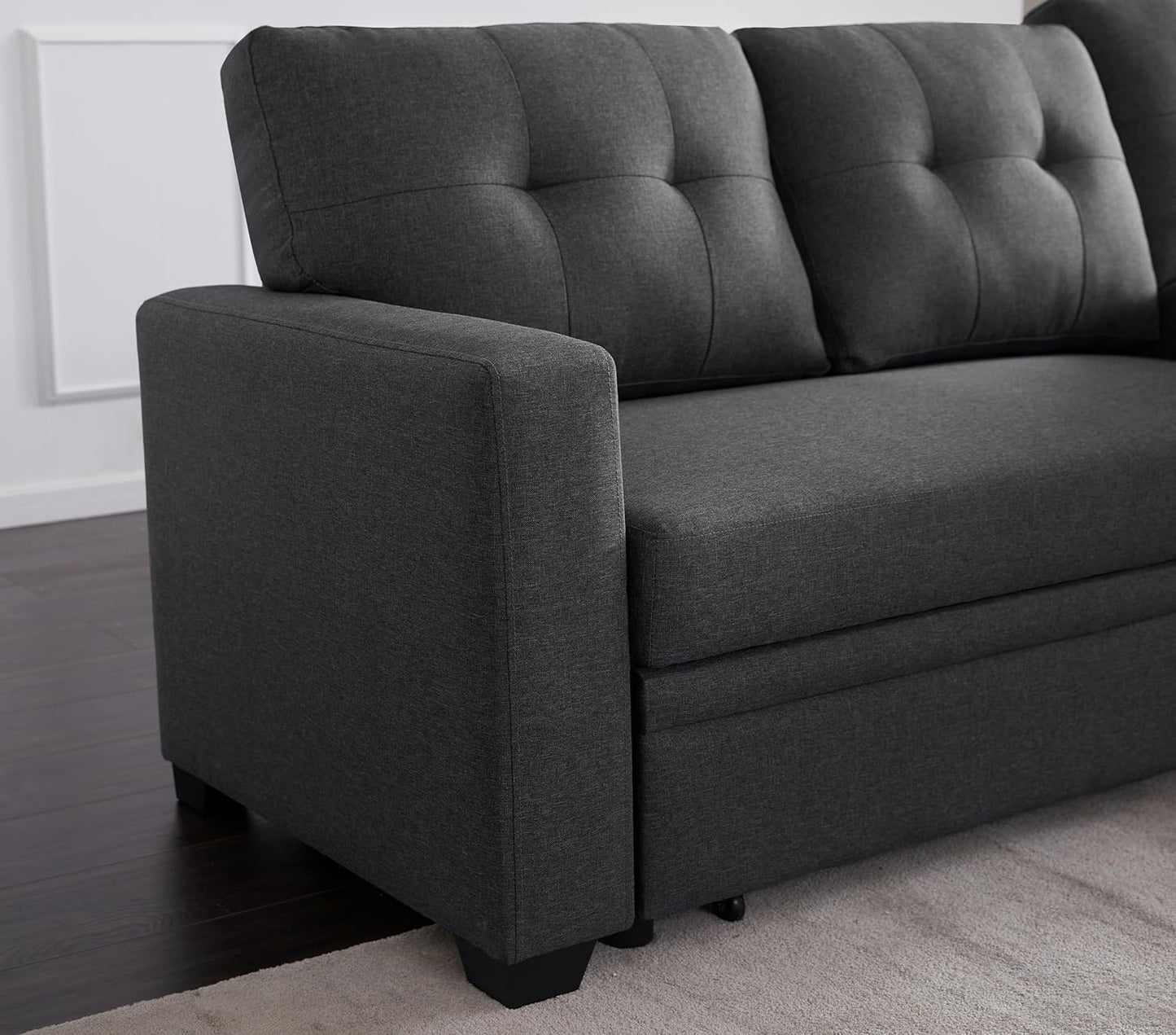 82 Inch Convertible Sleeper Sectional Sofa with Storage Chaise and Pull-Out Bed, Linen Upholstered Reversible Corner Couch, Modular L Shaped Couches for Living Room, Home Furniture, Dark Gray