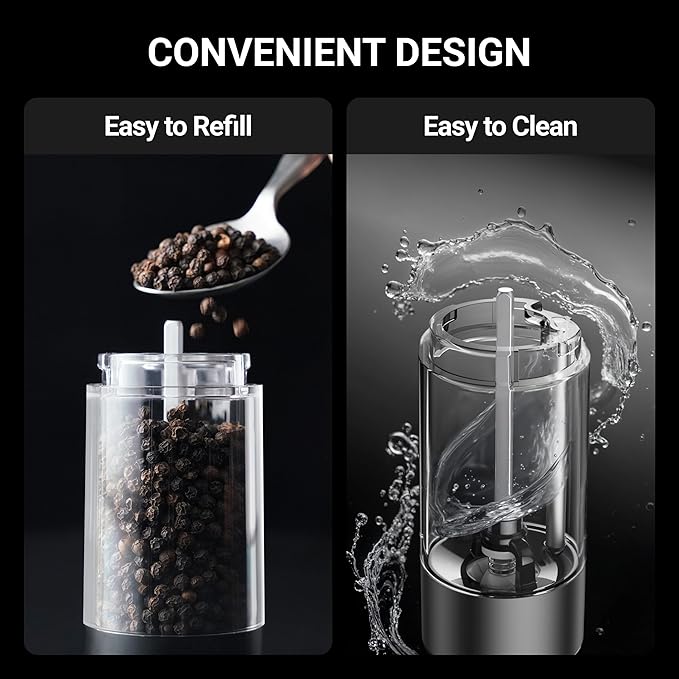 ThermoMaven Upgraded Larger Capacity Electric Salt and Pepper Grinder Set, 110ml Rechargeable Salt and Pepper Shaker with LED light, 6 Adjustable Coarseness, Stainless Steel, Black & Silver