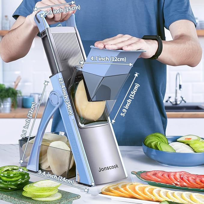 All-in-1 Safe Mandoline Slicer for Kitchen, Vegetable Chopper with Adjustable Thickness, Multifunctional Veggie Chopper Vegetable Cutter Slicer Dicer, can Slice, Shred (Blue)
