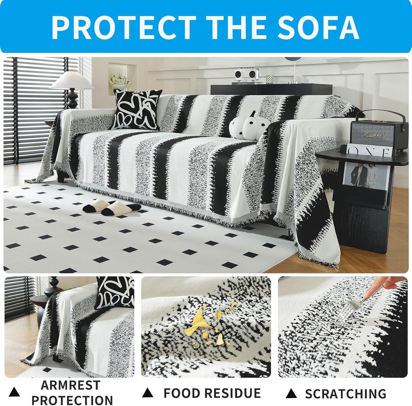 LUFEIJIASHI Boho Couch Covers for Sofa Non Slip Sofa Covers Washable Couch Covers for 3 Cushion Couch Sofa Pet Friendly Sectional Couch Cover Blanket Furniture Protector for Dogs (Black, 91"x134")