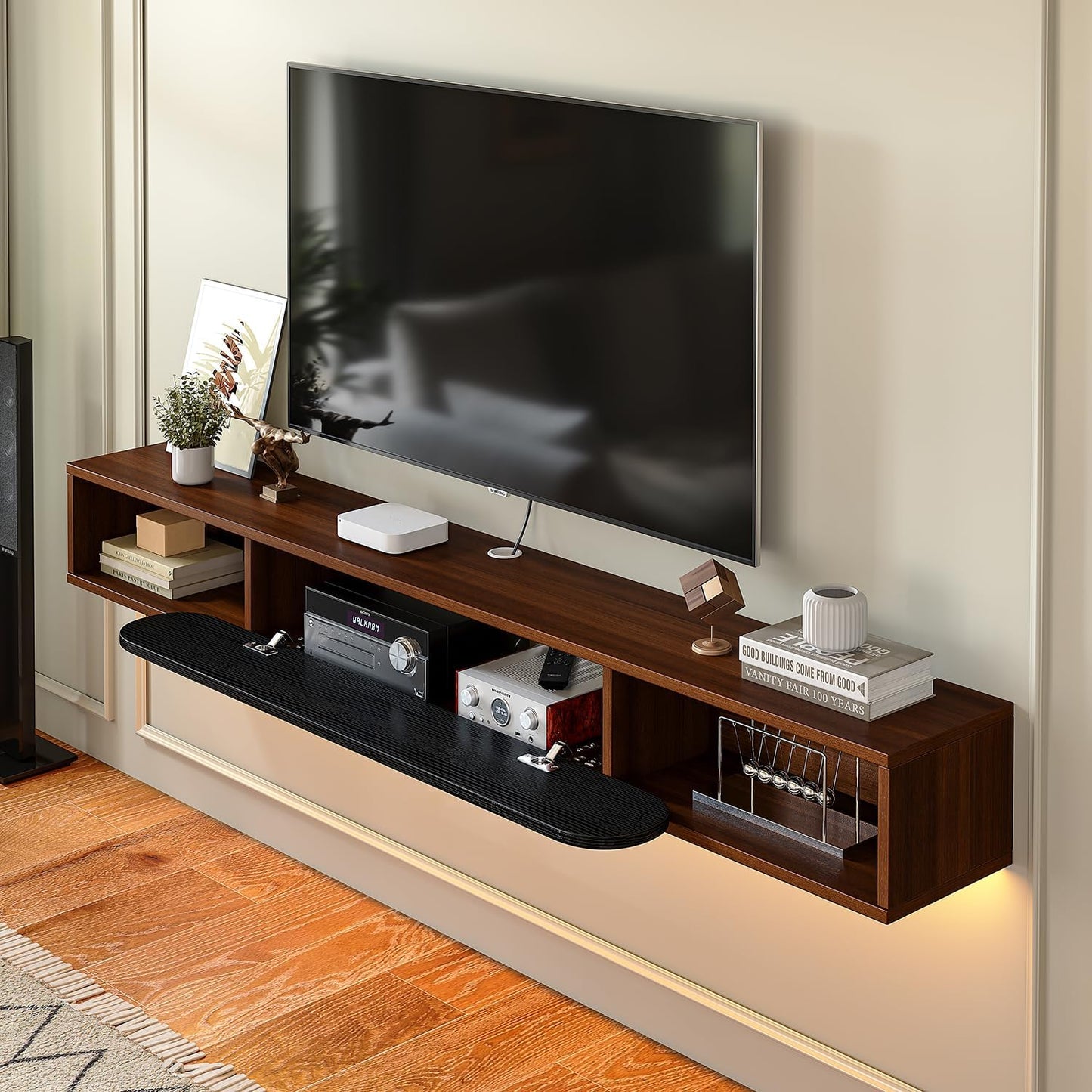 Floating TV Stand Wall Mounted 70'', Modern Media Console with 2 Open Cabinets and 1 Door,Wall Mount TV Console for Living Room Bedroom,Walnut and Black