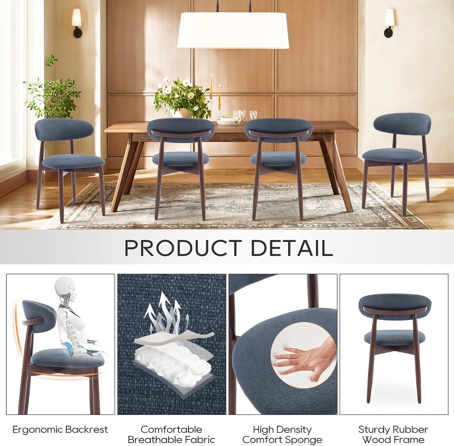 COLAMY Wooden Dining Chairs Set of 4, Modern Fabric Upholstered Kitchen Chairs, Farmhouse Dining Room Chair with Foot Pegs, Blue