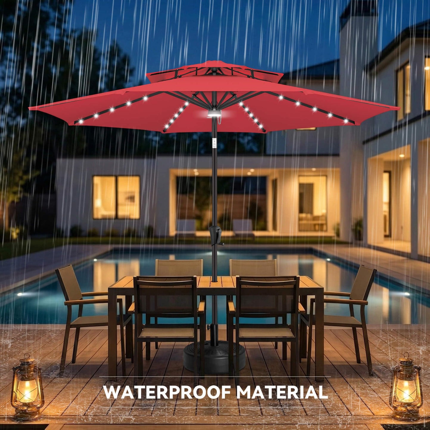 AckMizz 9ft Solar Umbrella Outdoor - 2 Tiers Lighted Solar Patio Umbrella with 40 LED Lights Waterprool UV Protection, Table Umbrella with Tilt for Pool, Porch, Garden, Backyard (Red)