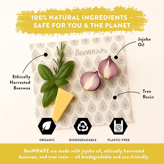 BeeWRAPZ Reusable Beeswax Wraps for Food | Eco Friendly & Organic | Vegan & Plastic-Free Food Storage | Biodegradable |Pack of 3 Beeswax Food Wraps for Wrapping Fruits & Vegetables (Grey)