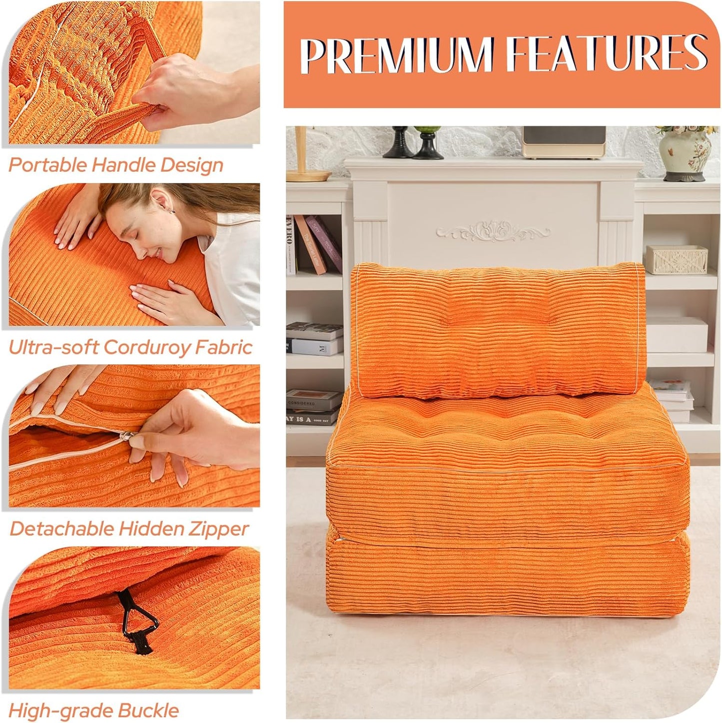HABUTWAY Folding Sofa Bed, Convertible Sleeper Chair Bed w/Dual-Pillow & Handle, Foldable Floor Sofa Lounge w/Back Support for Living Room, Bedroom, Apartment, Office, Orange