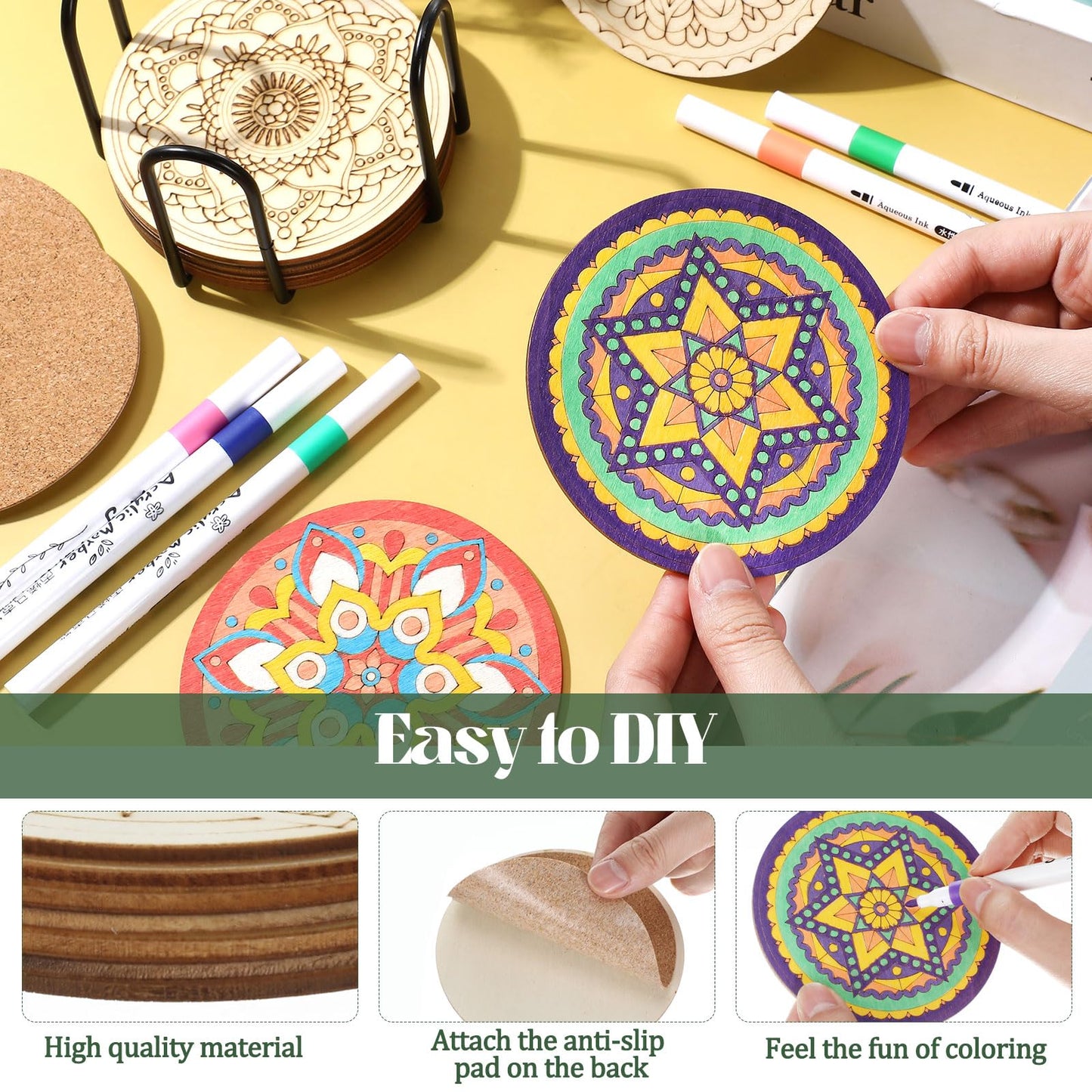 Reallnaive 45 Pcs Mandala Wooden Coasters Painting Kit, 4 Inch Paint Your Own Boho Coasters with Markers, Mothers Day Arts and Crafts for Adults Women Seniors Elderly Crafters Gifts