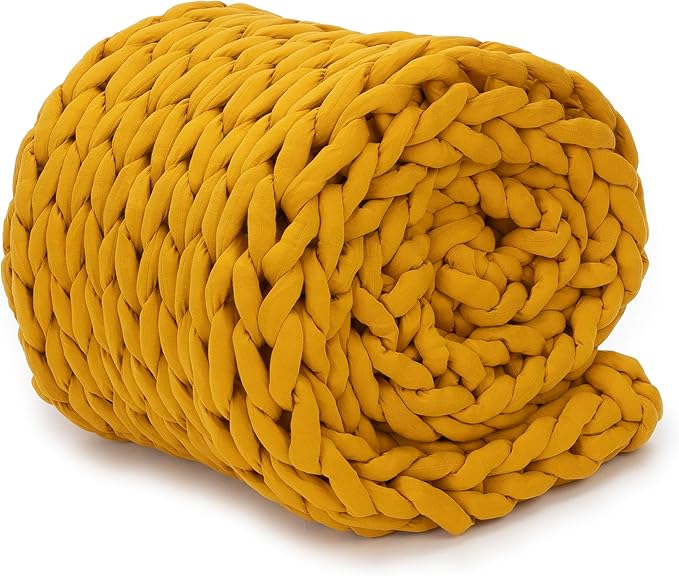 Nuzzie Chunky Knit Weighted Blanket - Breathable, Cooling, Hand Made Knit Throw Blanket for Sleep - Machine Washable, Stylish Design (Marigold, Throw | 12lbs | 44"x60")