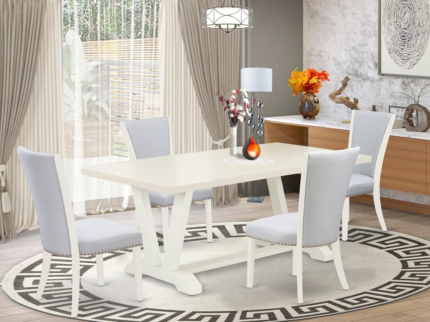East West Furniture V027VE005-5 5 Piece Dinette Set for 4 Includes a Rectangle Dining Room Table with V-Legs and 4 Grey Linen Fabric Upholstered Parson Chairs, 40x72 Inch, Multi-Color
