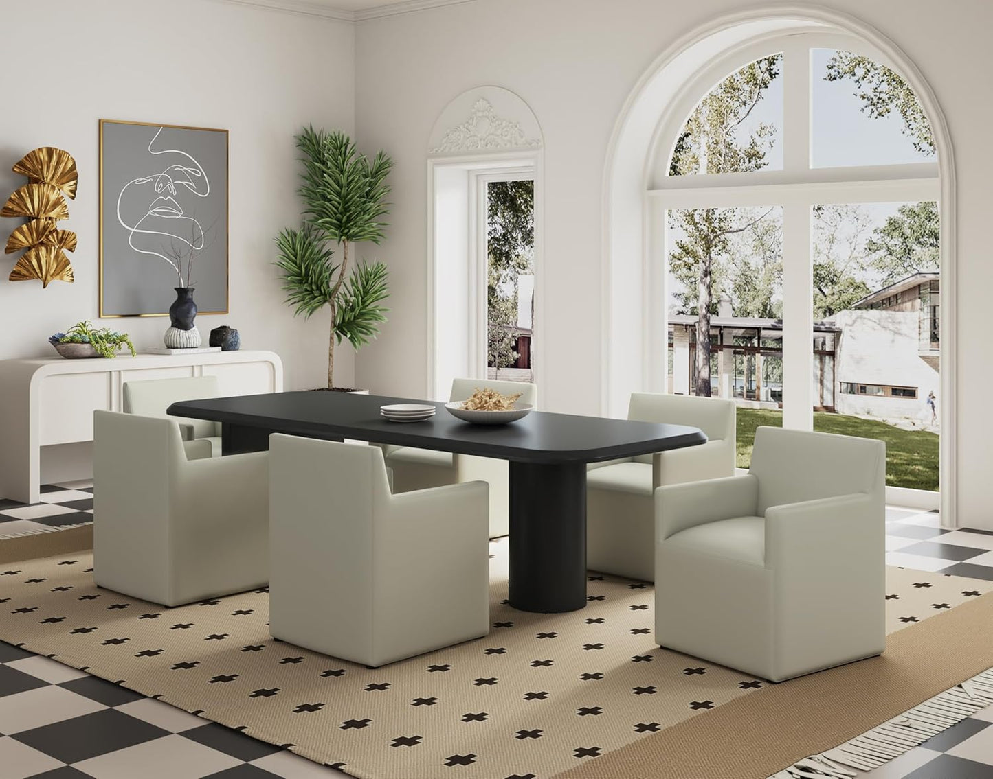 Manhattan Comfort Anna Square Modern Dining Chair with Arms, Head-to-Toe Faux Leather Upholstered Accent Armchair with Plastic Foot Padding, Set of 1, Stone Grey