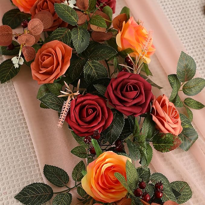 2Pcs Garisey 5FT Terracotta Artificial Flower Garland Fall Floral Garland Burnt Orange Arch Rose Vine for Wedding Ceremony Party Backdrop Decor Arch Flowers Mantel Table Centerpieces Decorations