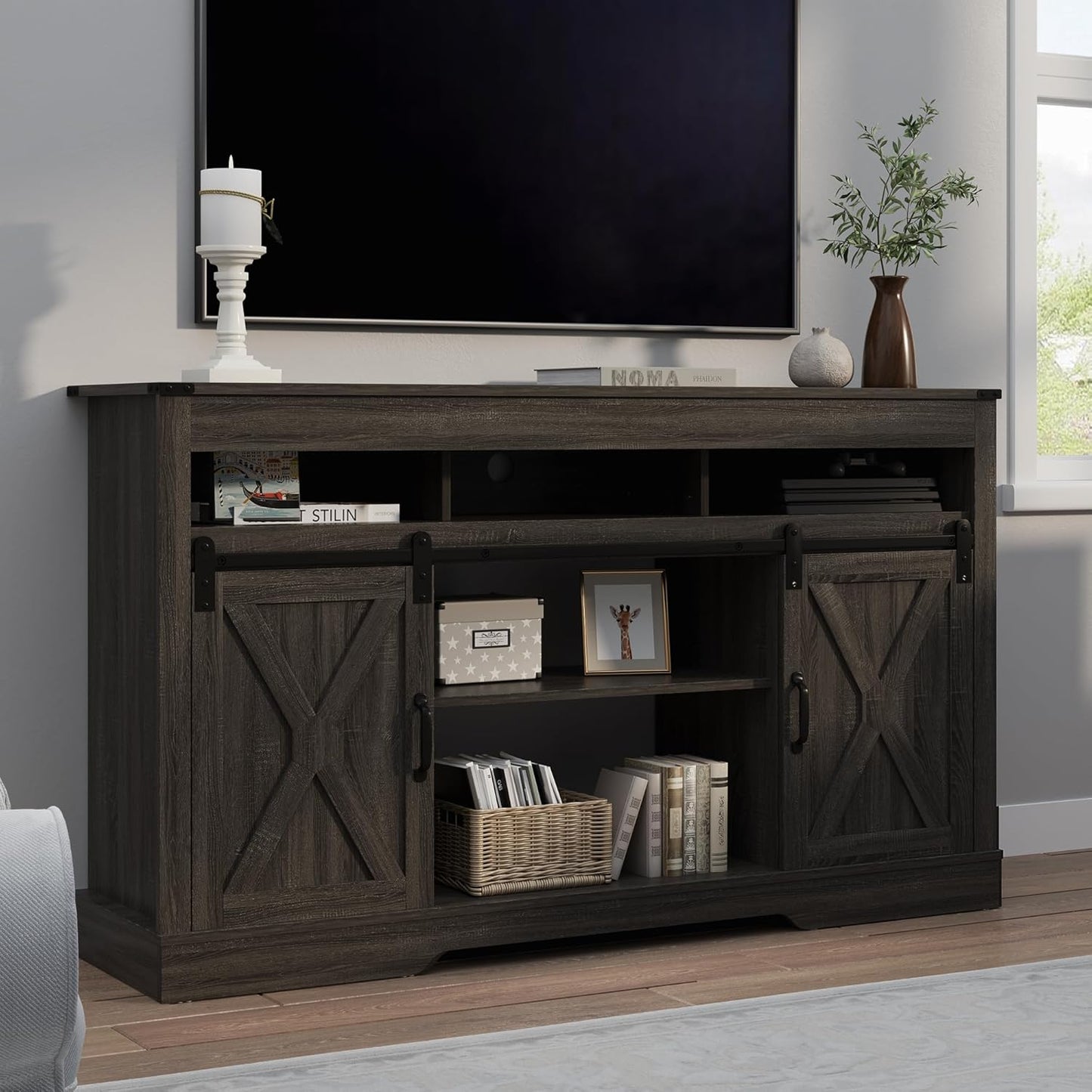 RoyalCraft Farmhouse TV Stand for 23" Fireplace, 34'' Tall Entertainment Center for 65+ Inch TV, 34" Tall Rustic TV Console with Sliding Bar Door for Living Room, Dark Grey