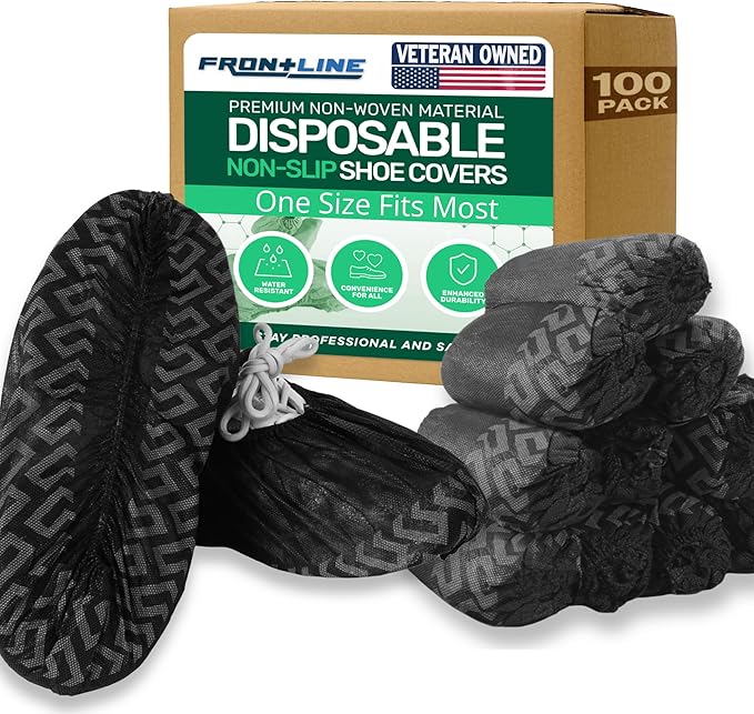 Frontline Shoe Covers Disposable Non-Slip 100 Pack, Premium Non-Woven Durable Booties Shoes Covers – Water Resistant Thick Anti-Slip - One Size Fits Most by Frontline (Black 100 Pack)
