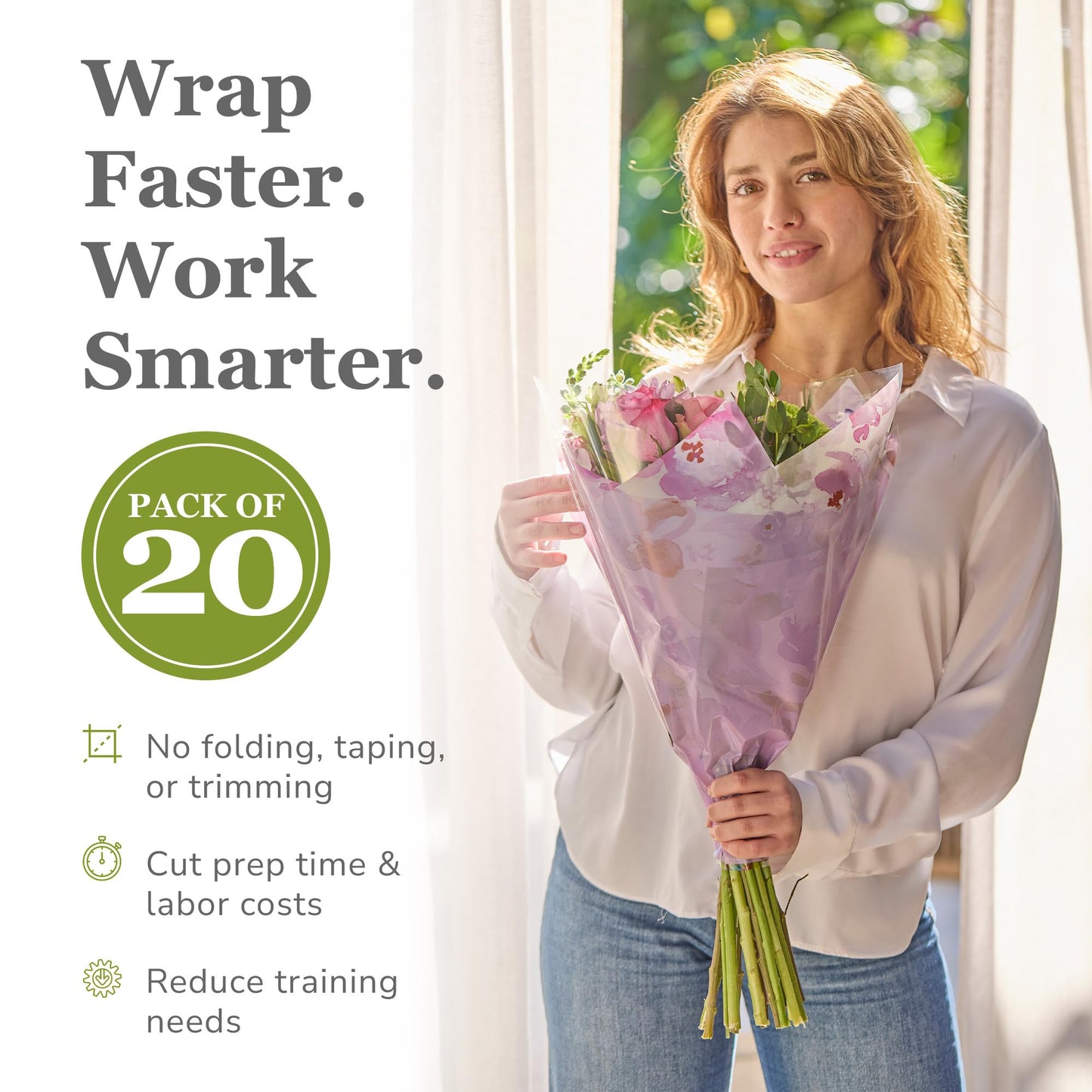 the florist Supply Magnolia Sleeves 20 Pack 17.3 x 13.6 x 3.5 Inch Waterproof Flower Bouquet Sleeves, Flower Bouquet Bags, Plastic Floral Sleeves, Gift-Ready for Wedding, Birthday - Lavender