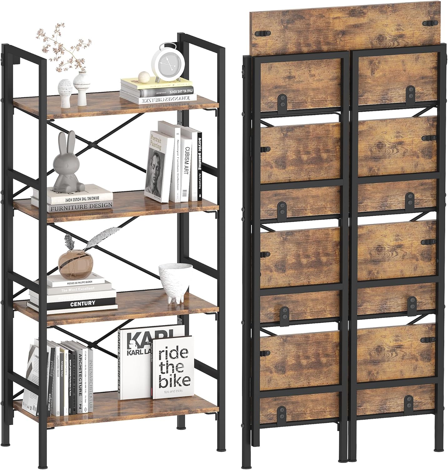 Folding Bookshelf,4 Tier Bookcase Foldable Shelf with X-Bracket Design, Adjustable Feet, Space Saving Storage for Living Room, Office, Rustic Brown