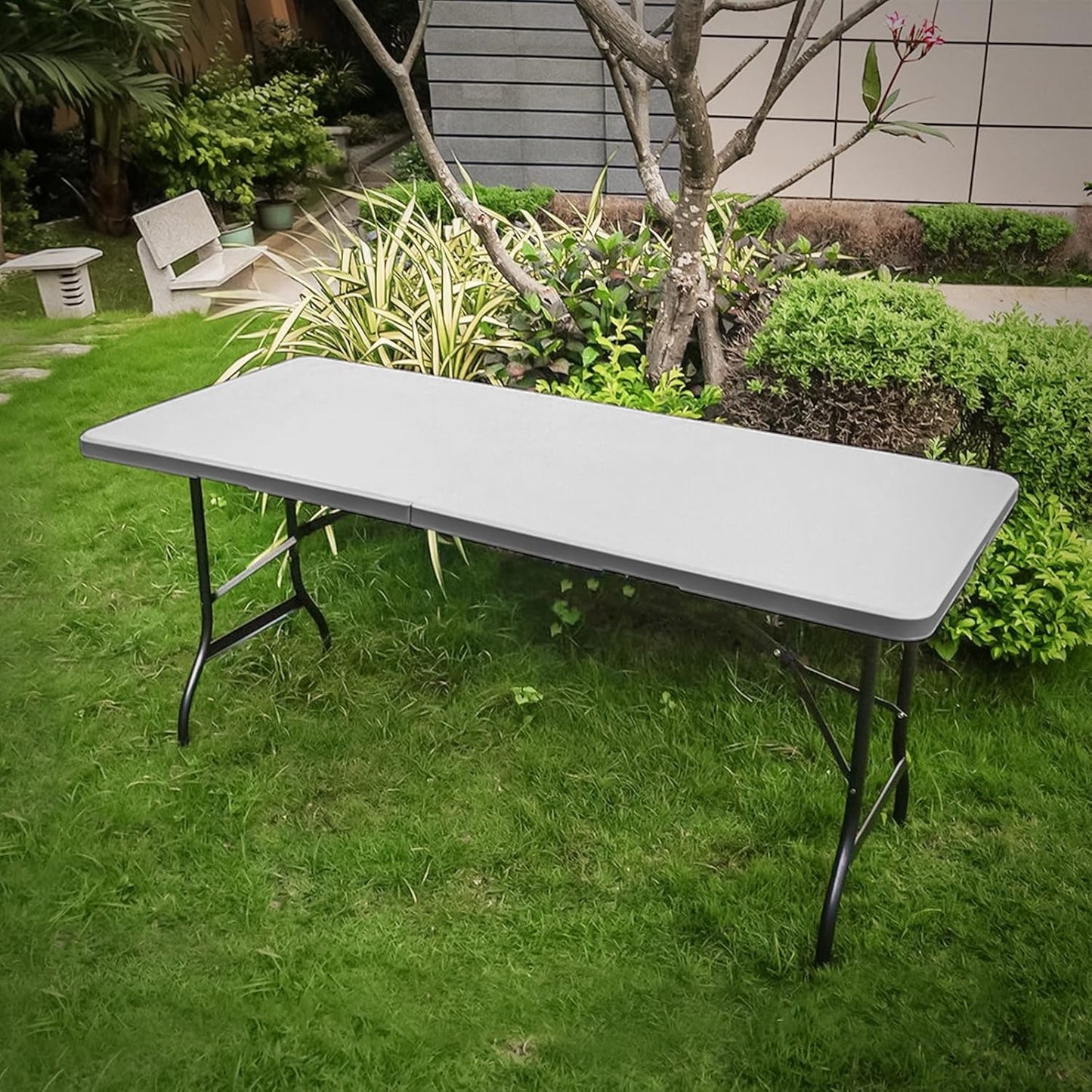 Athena Collection 6 ft Square Folding Dining Table, Large Plastic Foldable Table Portable with Carry Handle, Heavy Duty Fold-in-Half Utility for Indoor Outdoor Party Camping Picnic, Grey