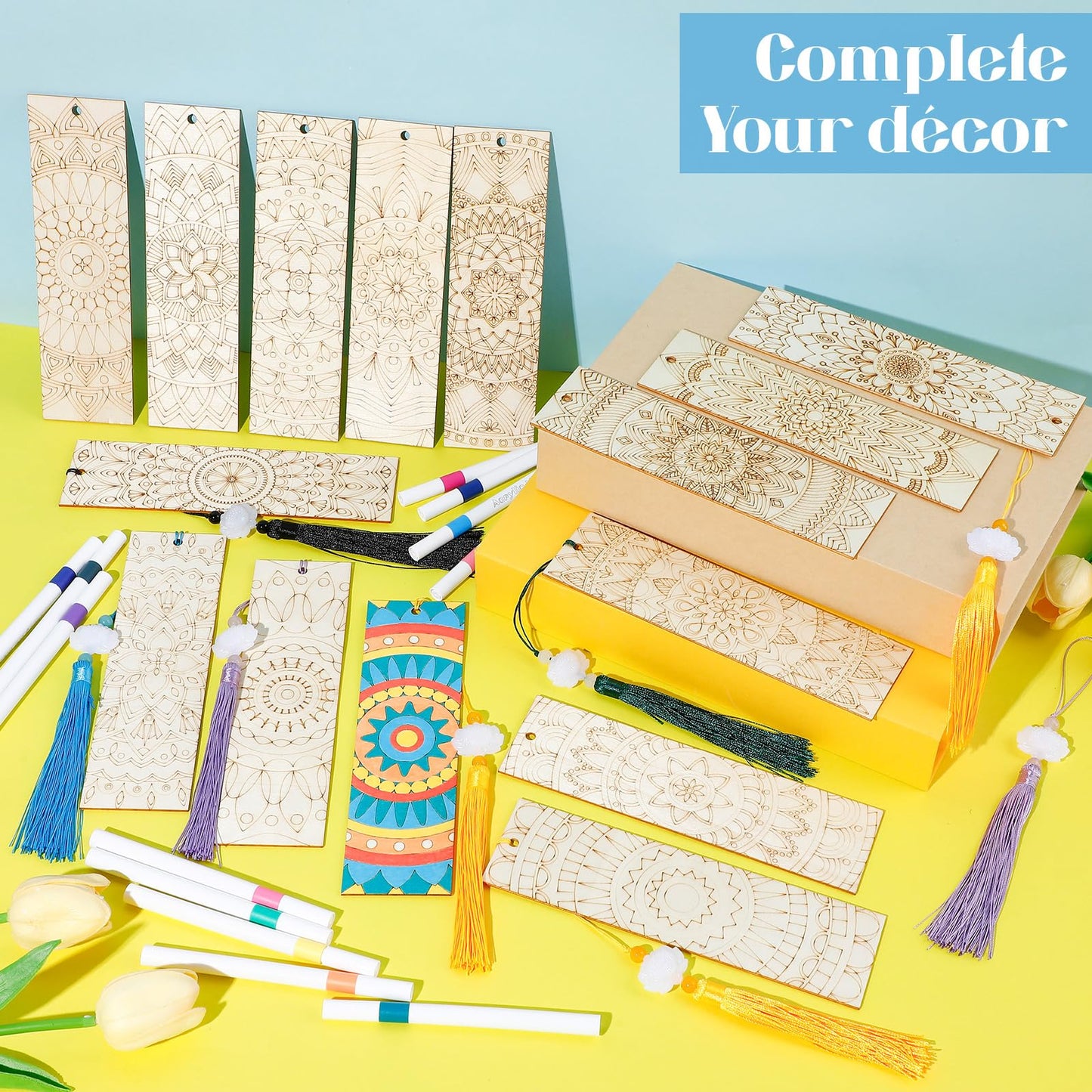 Reallnaive 42 Pcs Wooden Mandala Bookmarks DIY Painting Set Includes 15 Unfinished Blank Bookmarks 15 Tassels 12 Markers, for Mandala Gift Arts Craft Party for Adults Hobby