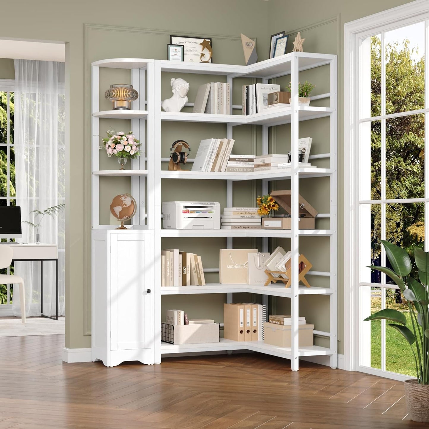 Keyluv 72" Tall Corner Bookshelf with Door, 6-Tier L Shaped Bookshelves and Bookcase with Storage Cabinet, 2 Pieces Individual Convertible Book Shelf, Display Shelf for Home Office Living Room, White