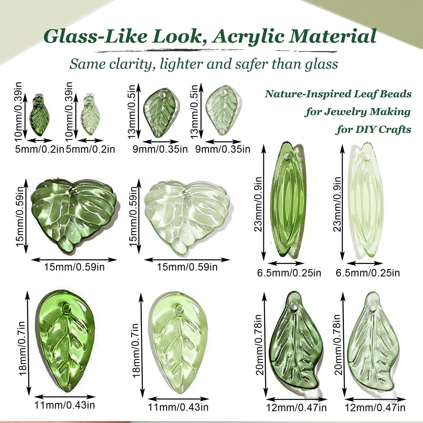 420PCS Green Acrylic Leaf Beads for Jewelry Making – Bulk Botanical Leaf Charms, Transparent Glass-Look Plant Beads for Earrings, Bracelets, Necklaces & Accessories (Mixed Styles)