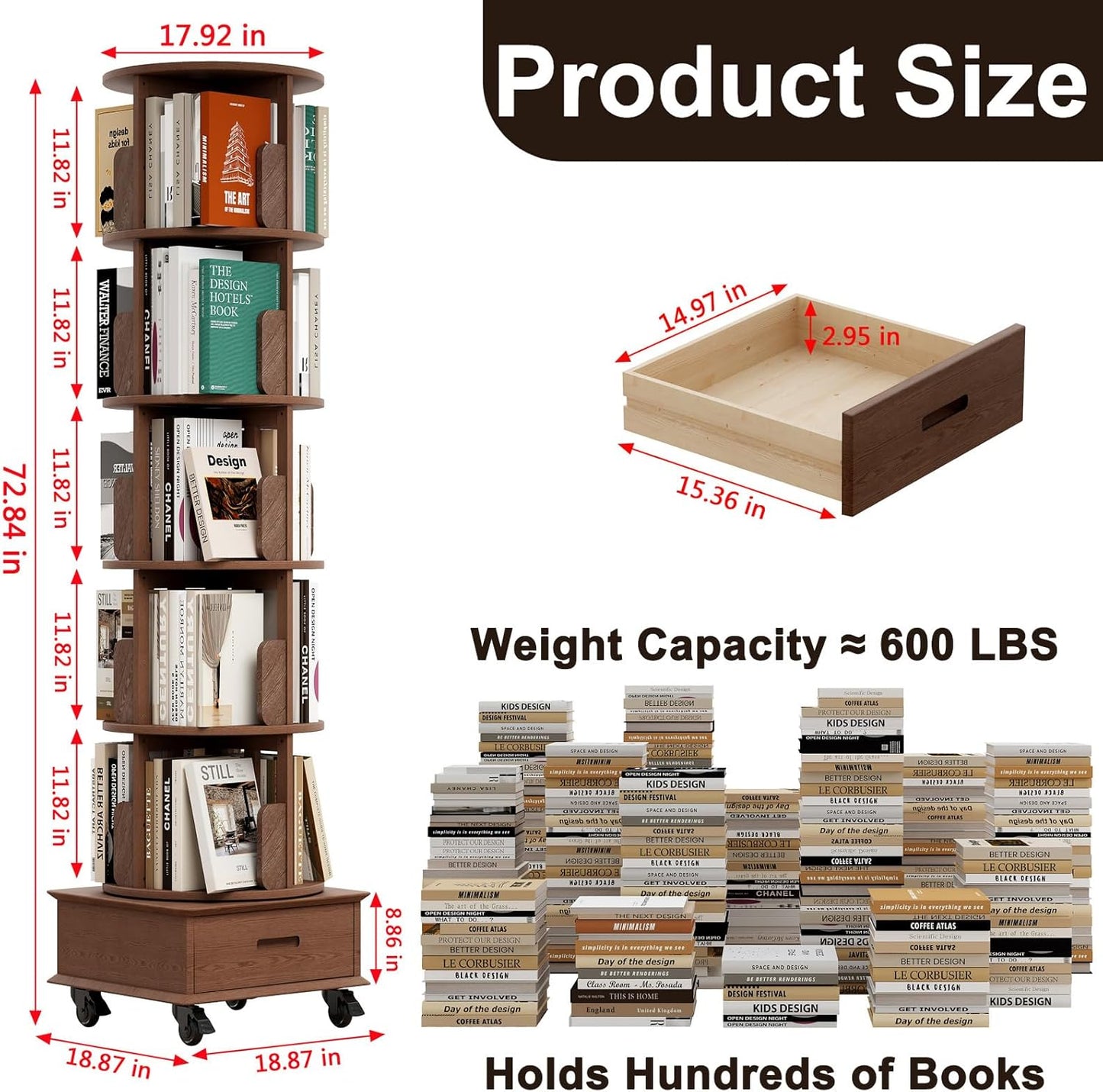 Solid Wood Rotating Bookshelf Tower on Wheels, 5-Tier Spinning Bookcase with Drawer, 72" Floor Standing Revolving Bookshelf, Rotating Bookcase for Small Space, Walnut