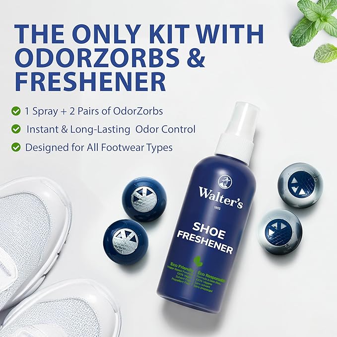 Shoe Deodorizer Spray & Odor Eliminator Kit - Shoe Spray for Smelly Shoes, Feet & Gym Bags | Peppermint Scent | Odor Removal & Shoe Cleaning Solution | 4 fl oz Spray + 2 Pairs of Deodorizer Balls