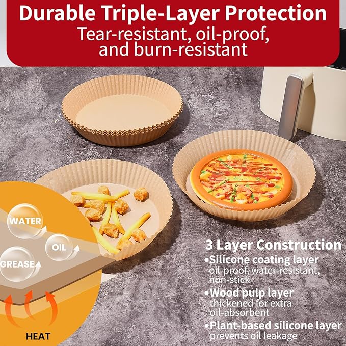 40GSM Air Fryer Paper Liners, 125Pcs 8 inch Disposable Parchment Paper for 5-8 qt Basket Air Fryer, Non-Stick Oil-Proof Heat Resistant Food Grade for Cooking, Roasting & Frying, Round 8"