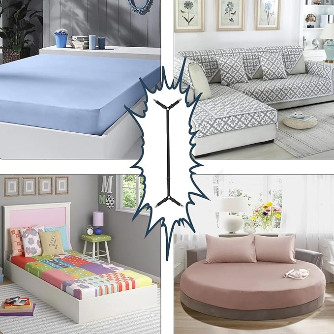 Bed Sheet Straps, Adjustable Durable Bed Sheet Holder Straps with Metal Clips, Elastic Sheet Holders Keep Sheets Firm & Tight 2PCS Black
