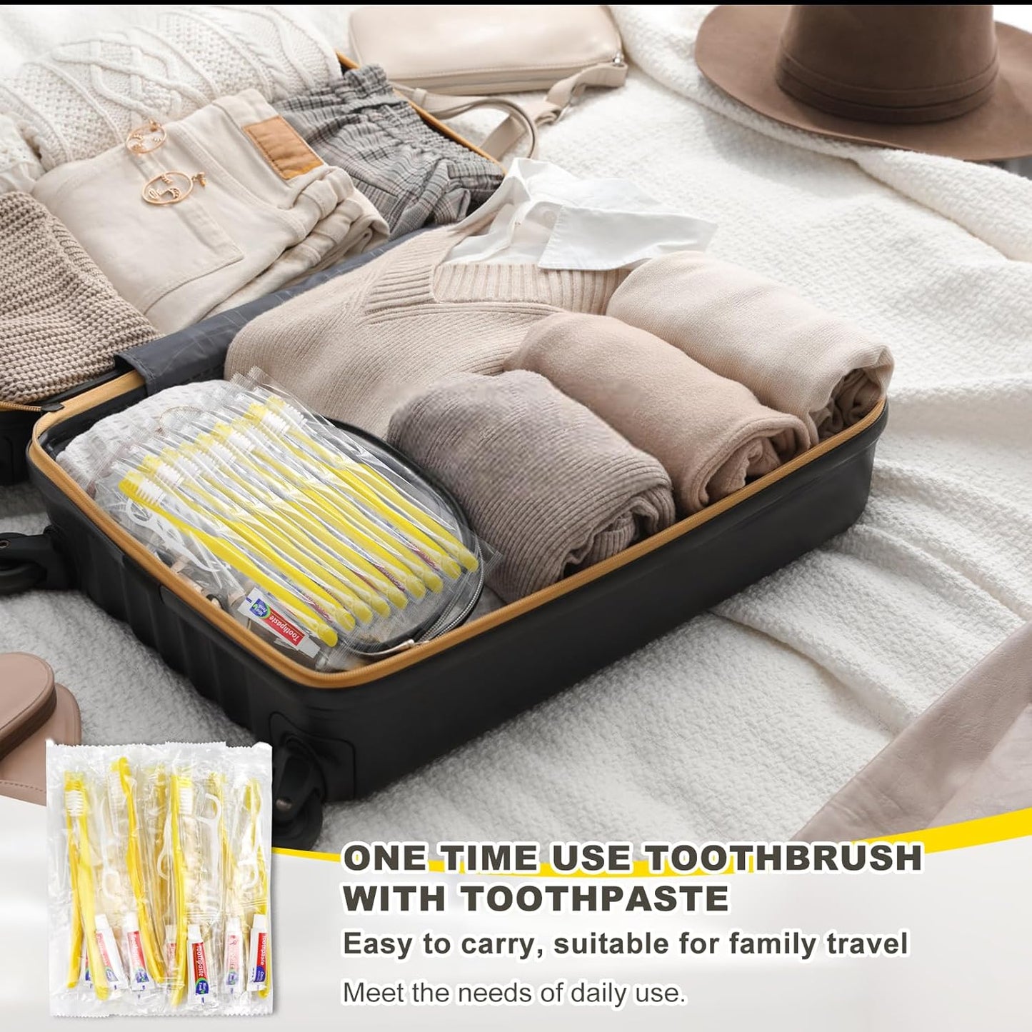 100pcs Disposable Toothbrushes with Toothpaste and Floss,Yellow Bulk Single Use Toothbrush Floss Pick Individually Wrapped Disposable Travel Toothbrushes Kit for Homeless,Airbnb,Hotel,Guest