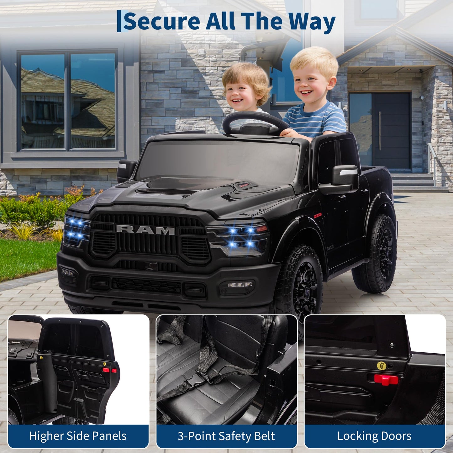 GarveeLife 24V Ride on Toys Licensed RAM 2500, 2 Seater Ride on Truck w/Remote Control, Spacious Truck Bed, 3 Speed, LED Lights, Suspension, Birthday Xmas Gifts for Boys Girls