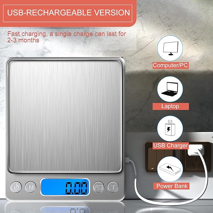 Food Scale Small Gram Scale Digital Gram and Ounce Scale, USB Rechargeable 0.01g/0.001oz Accurate, MEIYA Kitchen Scale for Soap Making, Jewelry, Baking, Tare Function, Including Battery and 2 Trays