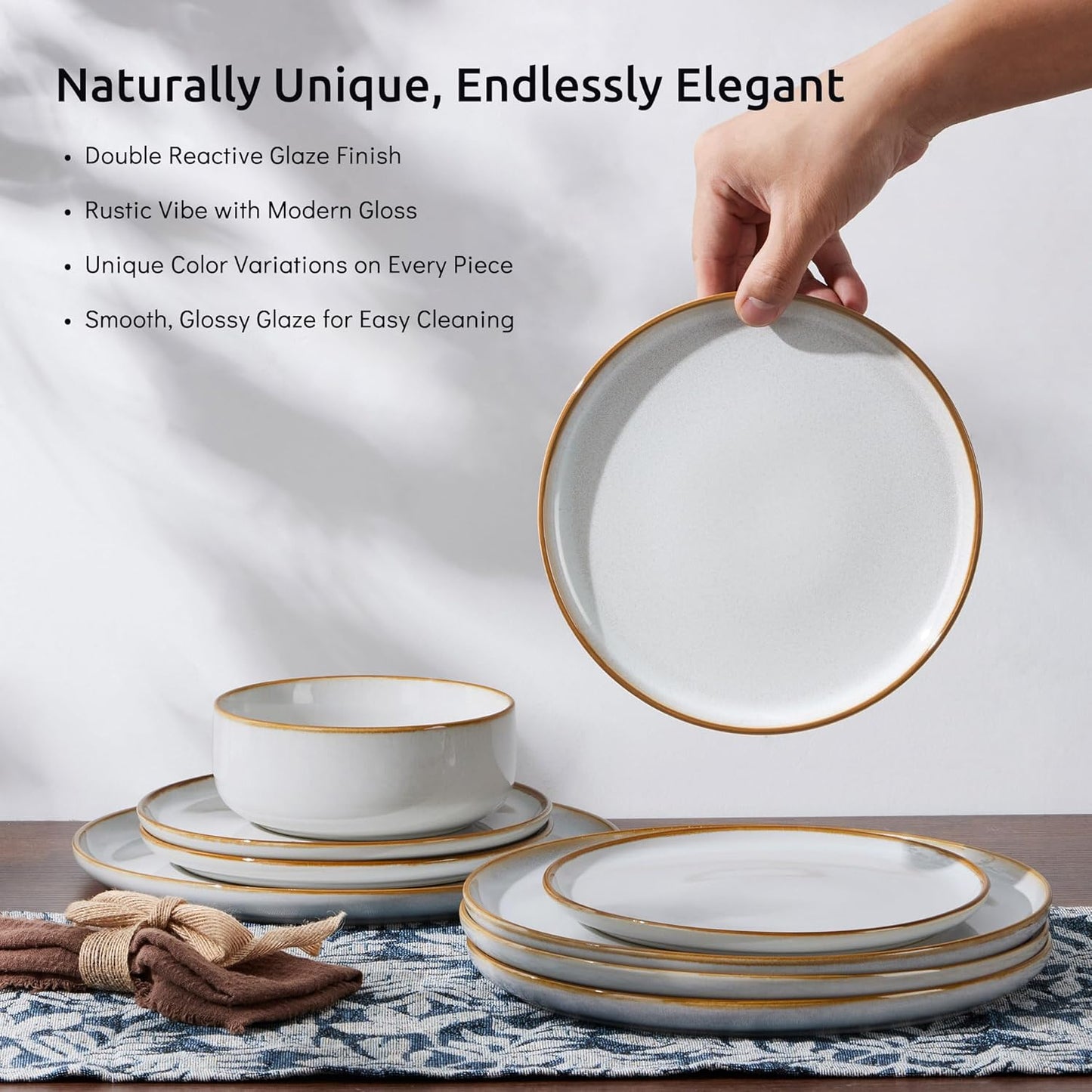 E-far Plates and Bowls Set for 2, 6-Piece Stoneware Dinnerware Sets, Ceramic Dinning Ware Reactive Glaze Dishes Set, Microwave & Dishwasher Safe - Seashell White