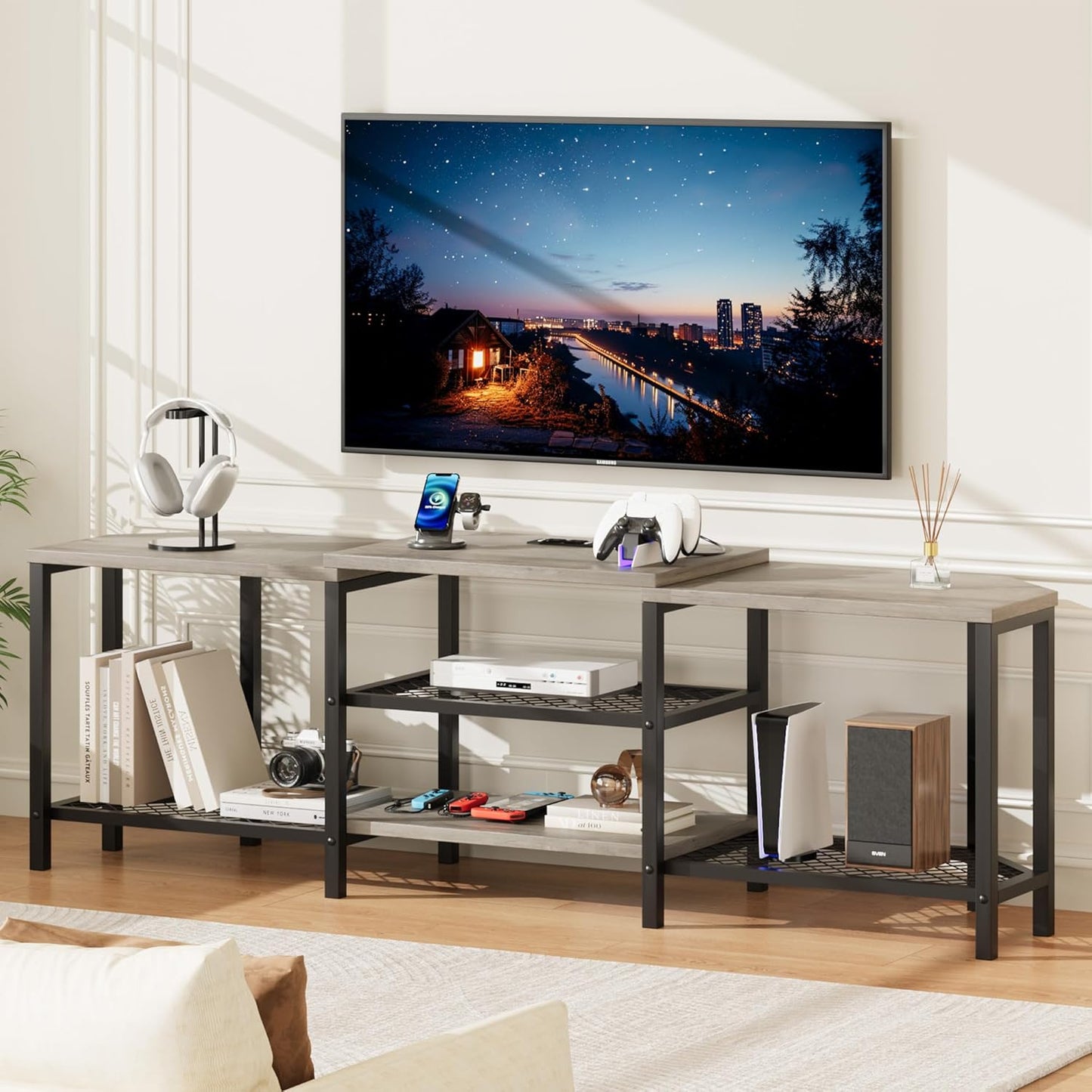 GarveeHome 67 Inch Large TV Stand with LED Lights for 55/65/75 Inch TV, Corner Entertainment Center with Power Outlets, 4 Open Storage Shelves, Media Console for Living Room, Bedroom, Grey