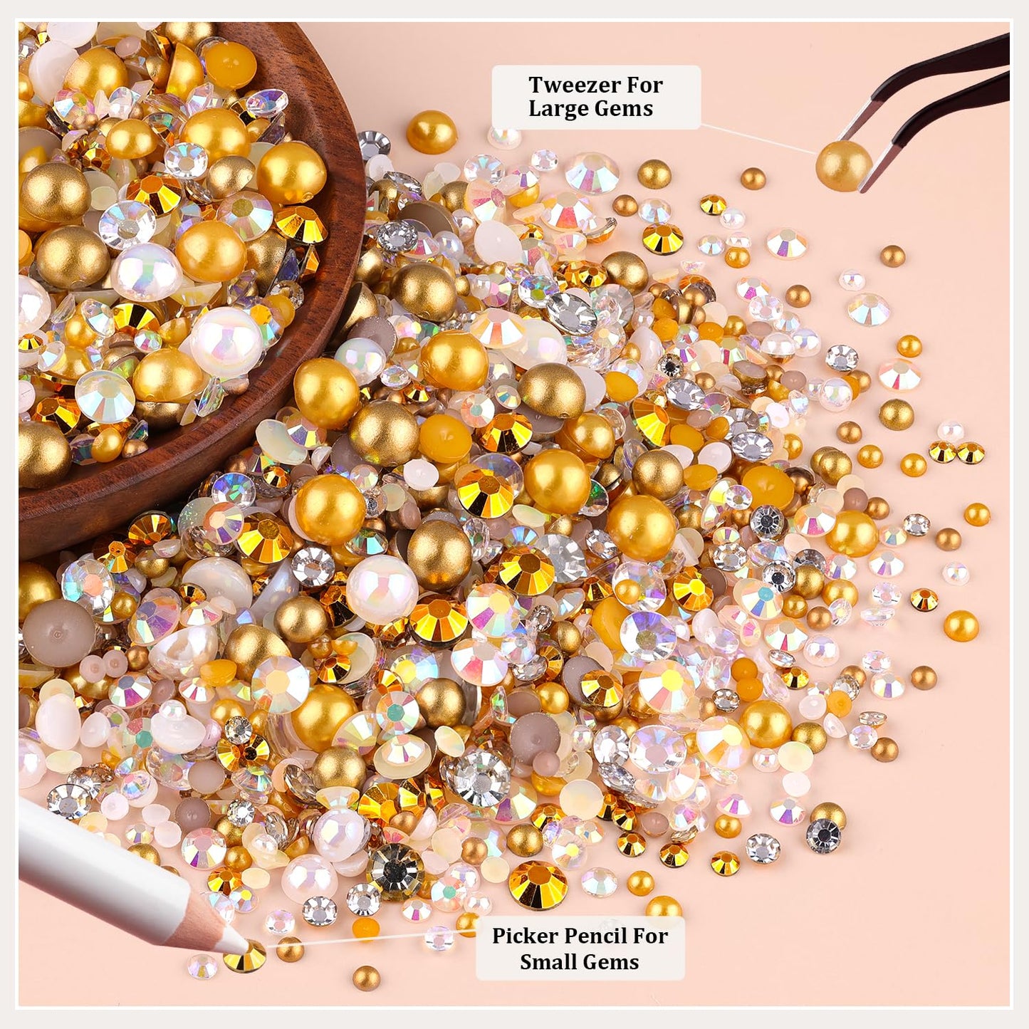 14000PCS Flatback Pearls and Gold Rhinestones for Bedazzling Kit, White Brown 3-10mm Resin Rhinestones and Half Pearls for Crafting, Nail Art Crafts Dec with 3pcs B7000 Jewelry Glue