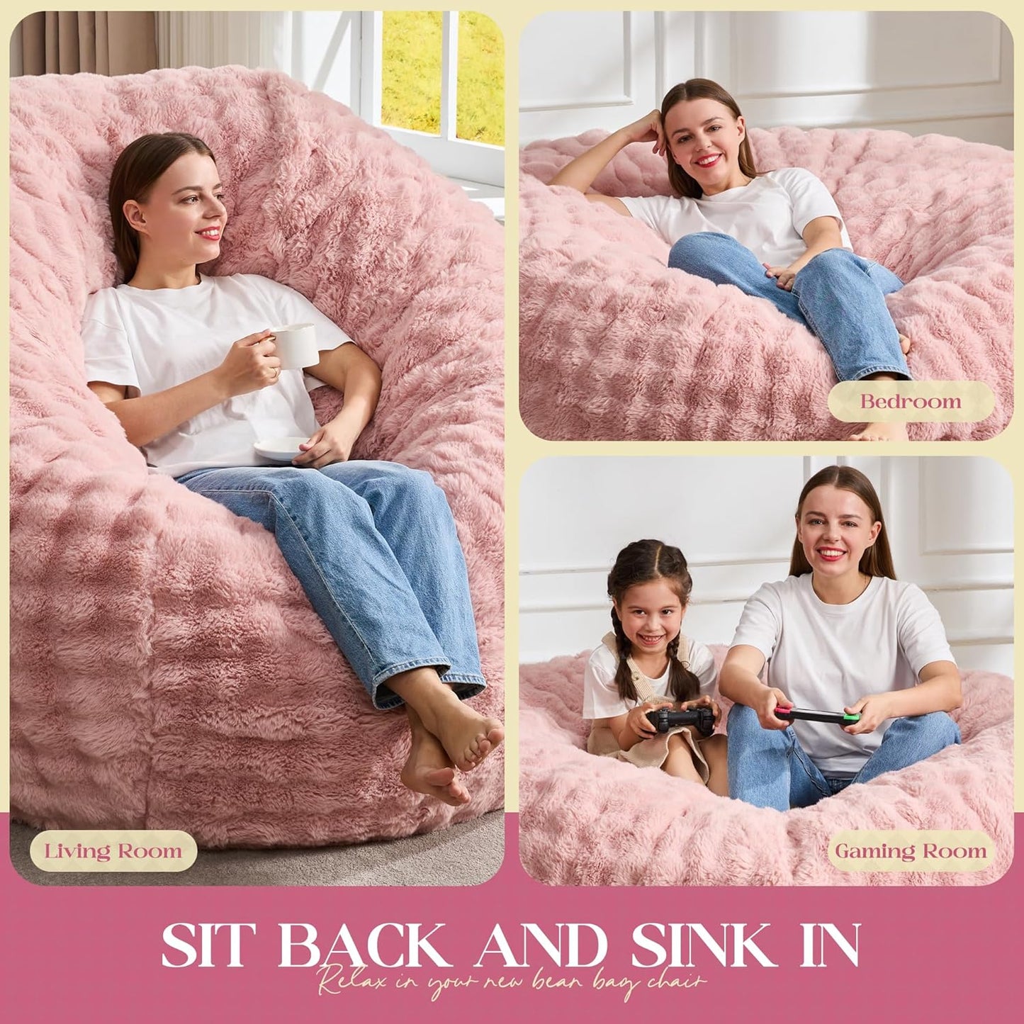 Hobestluk Bean Bag Chairs 4ft Beanbag Chair with Filler Adult Bean Bags with Fluffy & Machine Washable Cover, Giant Bean Bag Chairs for Adults (Pink, 4FT-44" x 44" x 24")