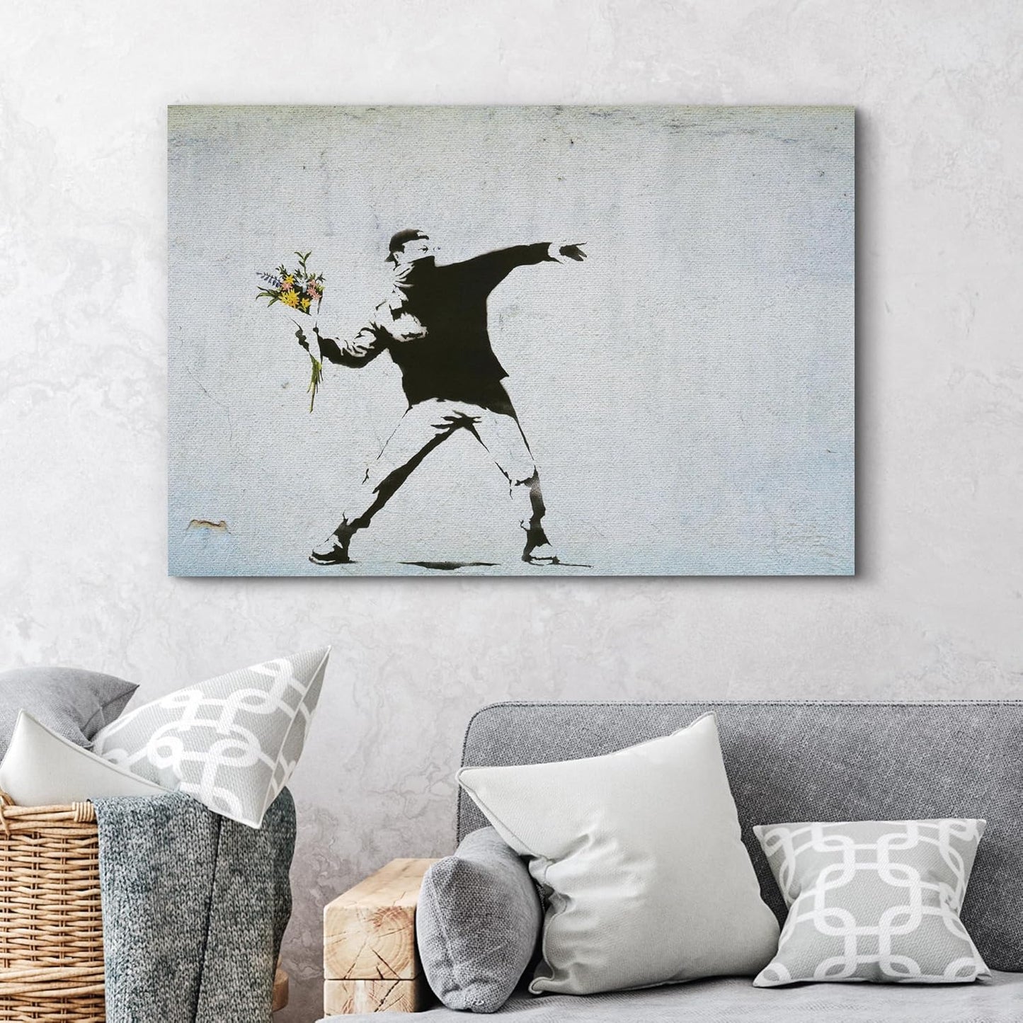 wall26 Canvas Print Wall Art Banksy Man Throws Yellow Flower Bouquet Graffiti & Street Art Pop Culture Illustrations Pop Art Bohemian Multicolor Dark for Living Room, Bedroom, Office - 32"x48"