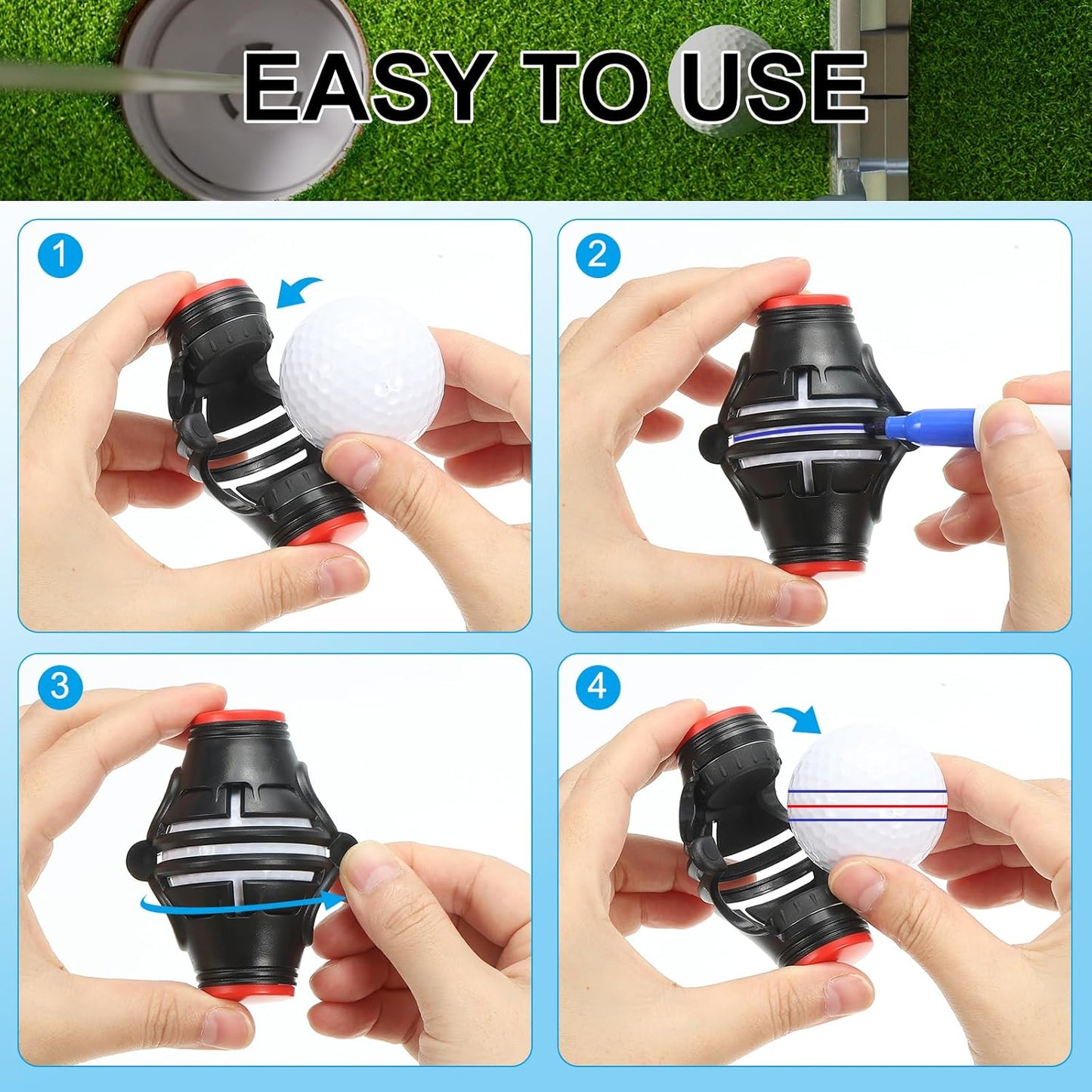 PATIKIL Golf Ball Marker Stencil 360 Degree Triple Track Golf Ball Alignment Marking Tool Line Drawing Marker with Marker Pens for Men Women