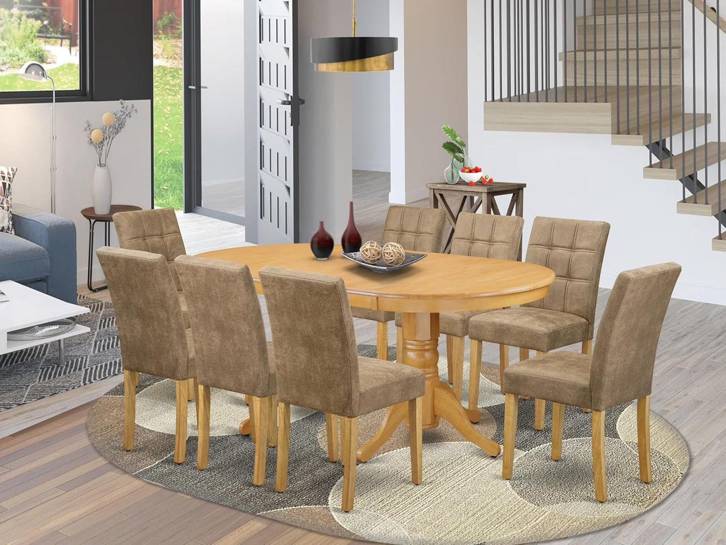 East West Furniture VAAS9-OAK-28 9 Piece Mid Century Modern Dining Table Set Contain A Dining Table and 8 Brown Textured Polyester Fabric Modern Chairs, Oak