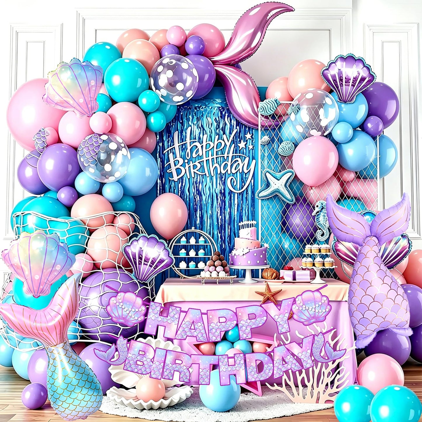Mermaid Birthday Party Decorations, Under the Sea Party Supplies with Light Blue Wavy Tinsel Curtain, Happy Birthday Banner, Hanging Swirls,Shell Tail Foil Balloons for Girls Birthday