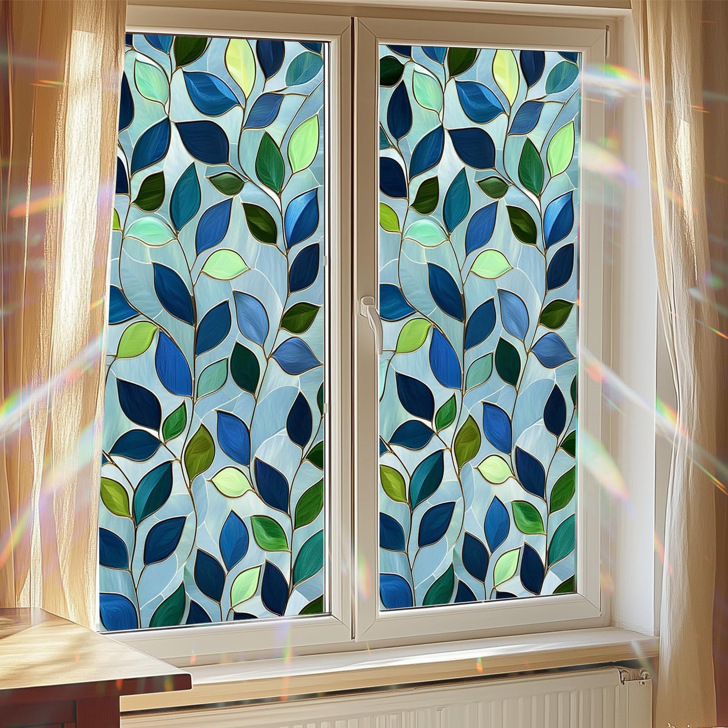 HOMETITUTE Green Leaf Window Privacy Film Blue Stained Glass Privacy Stained Glass Window Film Decorative Living Room Sun Blocking Decor Removable Static Cling Sticker 17.71x39.97inch